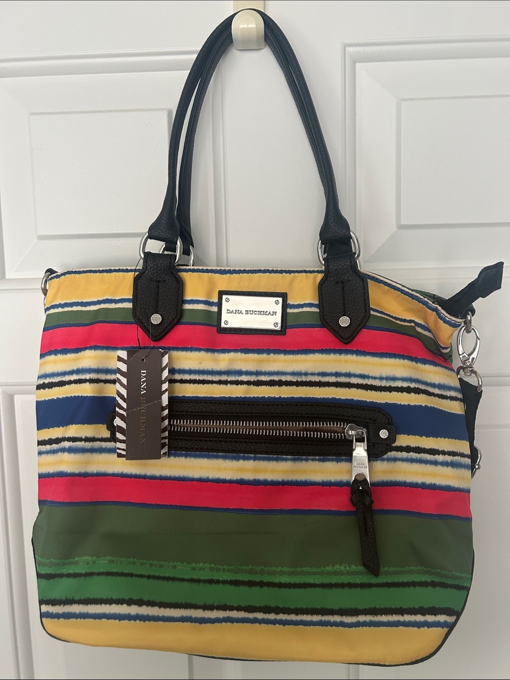 Dana Buchman Multicolor Striped Tote with Black Handles and shoulder strap